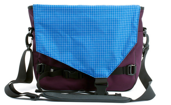 The Maker's Bag in Aubergine (dark purple) 525 Ballistic with an Island (blue with white grid) 200 Halcyon interior.